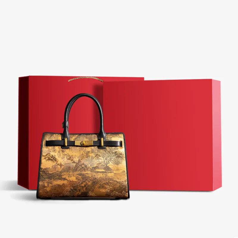 Handmade Xiangyunsha Silk Black Leather Kelly Bag Chinese Painting - SinoCultural -- W4188-2