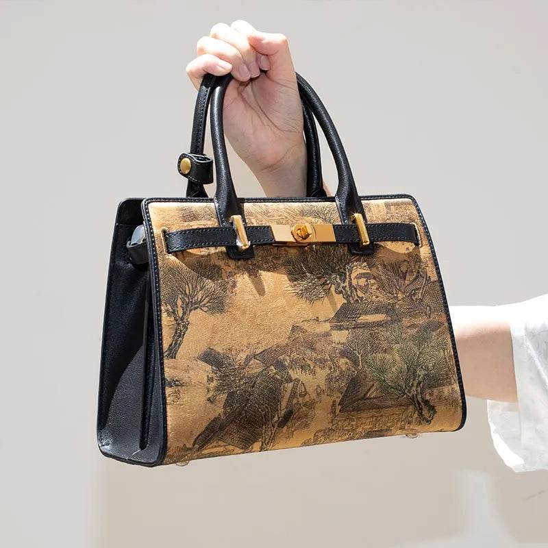 Handmade Xiangyunsha Silk Black Leather Kelly Bag Chinese Painting - SinoCultural -- W4188-2