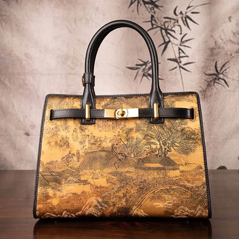 Handmade Xiangyunsha Silk Black Leather Kelly Bag Chinese Painting - SinoCultural -- W4188-2