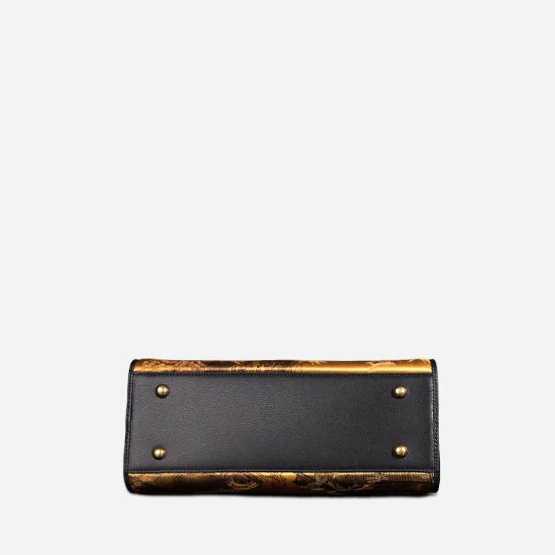 Handmade Xiangyunsha Silk Black Leather Kelly Bag Chinese Painting - SinoCultural -- W4188-2