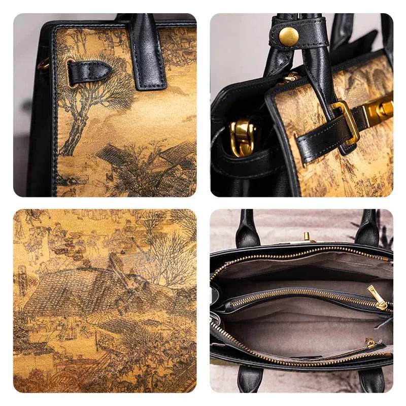 Handmade Xiangyunsha Silk Black Leather Kelly Bag Chinese Painting - SinoCultural -- W4188-2