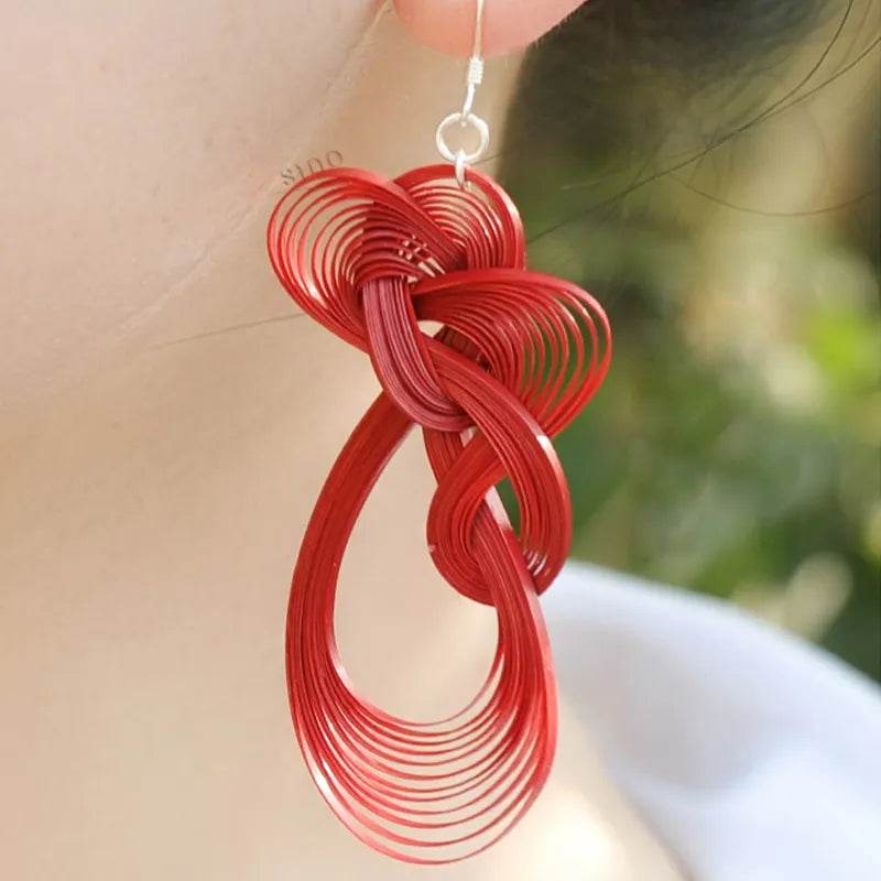 Handmade Red Dangle Earrings - Chinoiserie Bamboo Hoop Gift - SinoCultural -- ZBXK-A1-0240 -