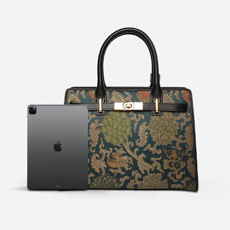 Handmade Song Brocade Chinoiserie Leather Kelly Bag Twining Flowers - SinoCultural -- W4188-1