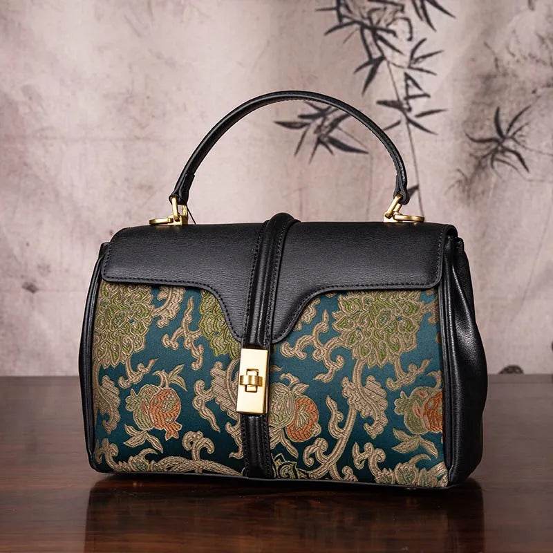 Sinocultural Handmade Song Brocade Chinoiserie Leather Bag Clutch Bag - SinoCultural -- W3085-2 -