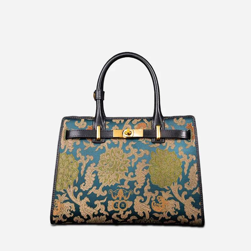 Handmade Song Brocade Chinoiserie Leather Kelly Bag Twining Flowers - SinoCultural -- W4188-1
