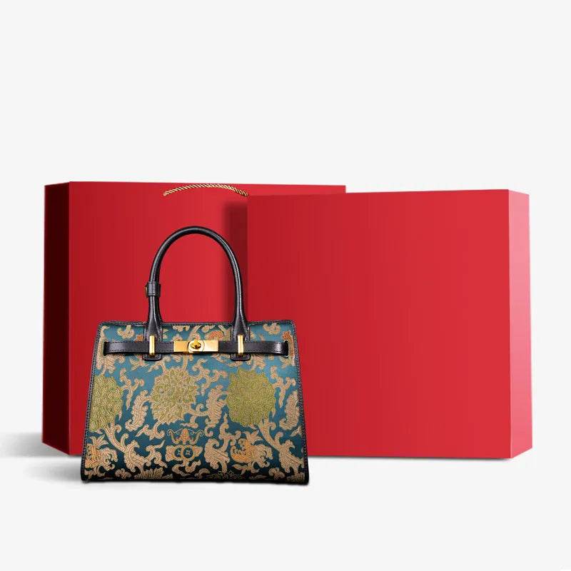 Handmade Song Brocade Chinoiserie Leather Kelly Bag Twining Flowers - SinoCultural -- W4188-1