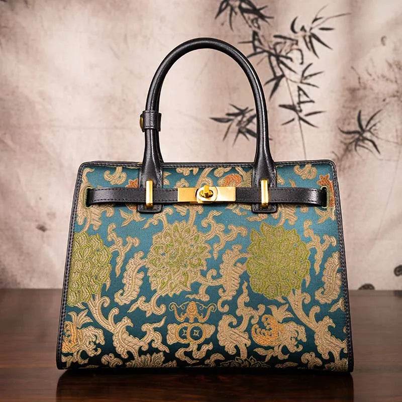 Handmade Song Brocade Chinoiserie Leather Kelly Bag Twining Flowers - SinoCultural -- W4188-1