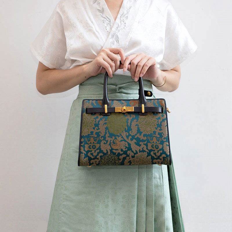 Handmade Song Brocade Chinoiserie Leather Kelly Bag Twining Flowers - SinoCultural -- W4188-1