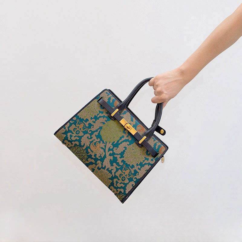 Handmade Song Brocade Chinoiserie Leather Kelly Bag Twining Flowers - SinoCultural -- W4188-1