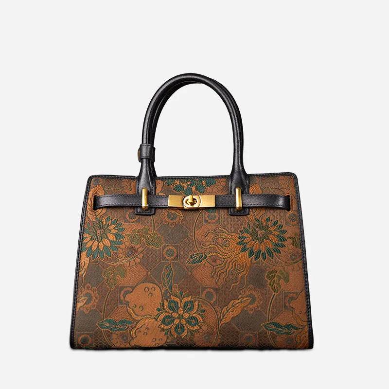 Handmade Song Brocade Chinoiserie Vintage Brown Kelly Bag - SinoCultural -- W4188-3