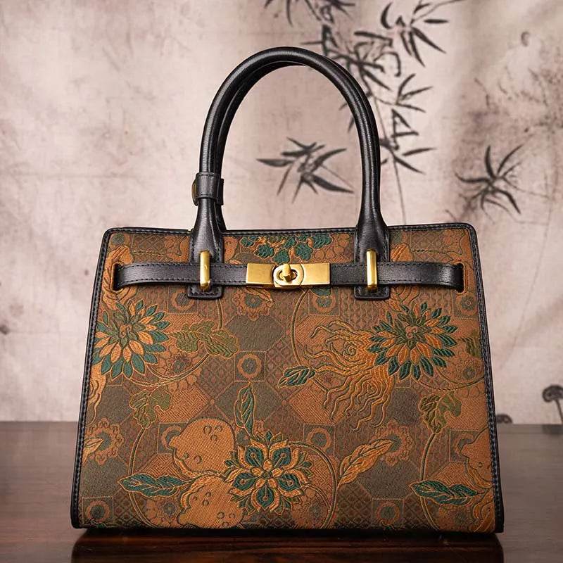 Handmade Song Brocade Chinoiserie Vintage Brown Kelly Bag - SinoCultural -- W4188-3