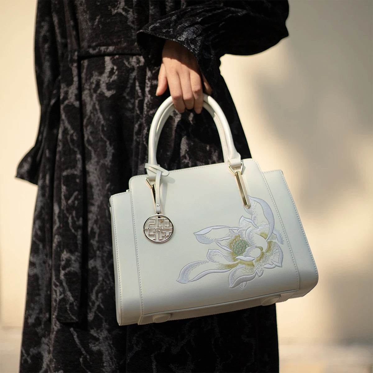 Sinocultural Embroidery Leather Tote Bag White Lotus Crossbody Bag - SinoCultural -- P120317 -