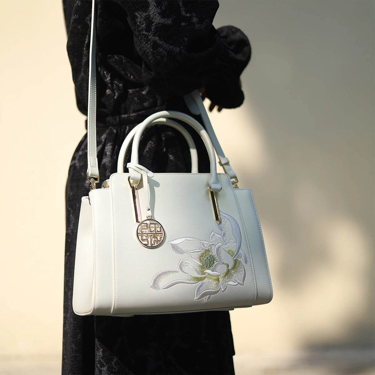 Sinocultural Embroidery Leather Tote Bag White Lotus Crossbody Bag - SinoCultural -- P120317 -