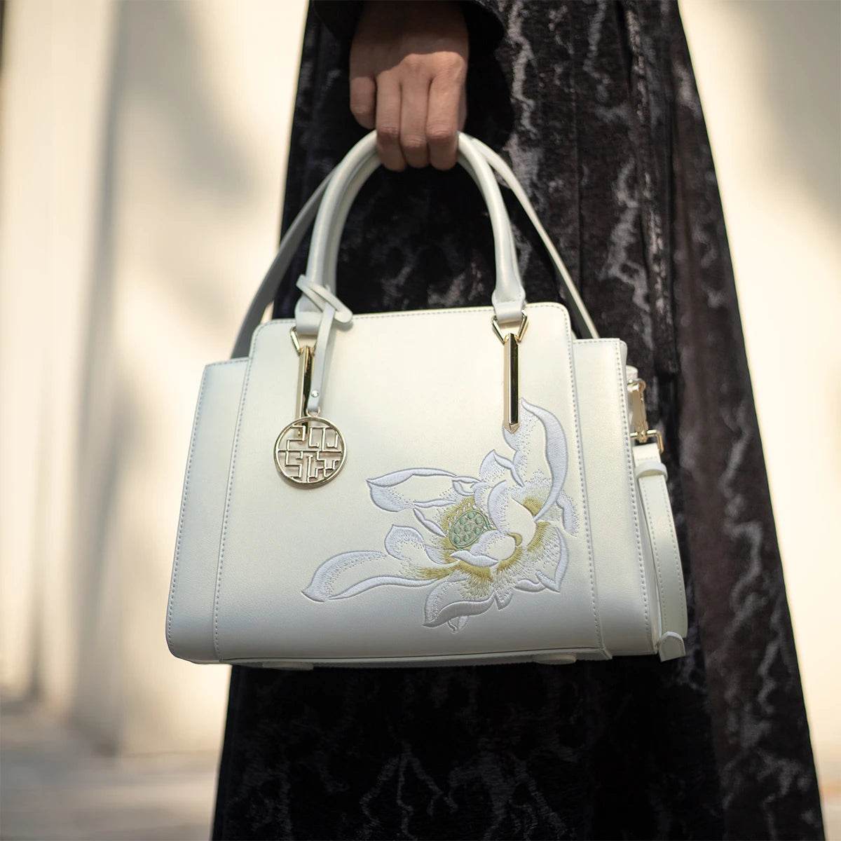 Sinocultural Embroidery Leather Tote Bag White Lotus Crossbody Bag - SinoCultural -- P120317 -