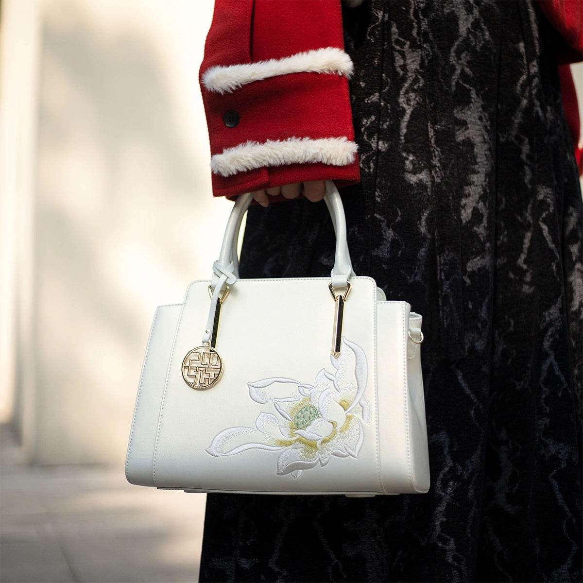 Sinocultural Embroidery Leather Tote Bag White Lotus Crossbody Bag - SinoCultural -- P120317 -