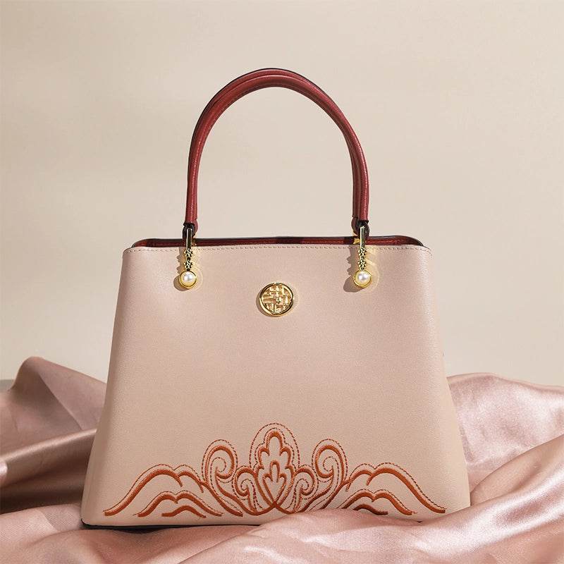 Embroidery Genuine Leather Elegant Crossbody Bag Veined Pattern - SinoCultural -- SC1753-A1
