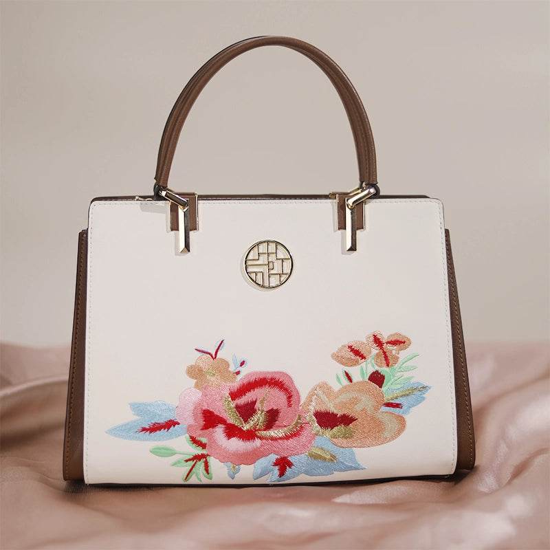 Embroidery Genuine Leather Floral Elegant Crossbody Bag - SinoCultural -- SC1754-A2 -