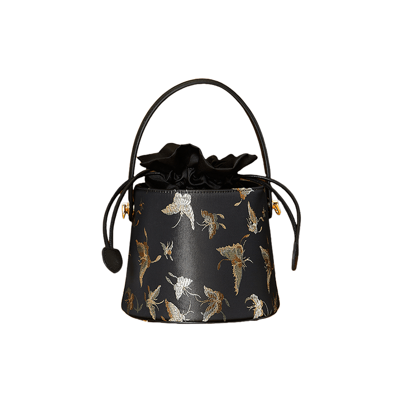 Brocade Black Bucket Bag Designer Butterfly Handbag - SinoCultural -- JD170618-1