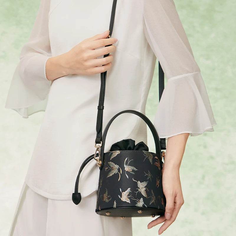 Brocade Black Bucket Bag Designer Butterfly Handbag - SinoCultural -- JD170618-1