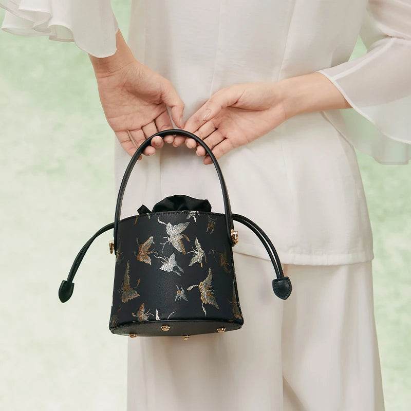 Brocade Black Bucket Bag Designer Butterfly Handbag - SinoCultural -- JD170618-1