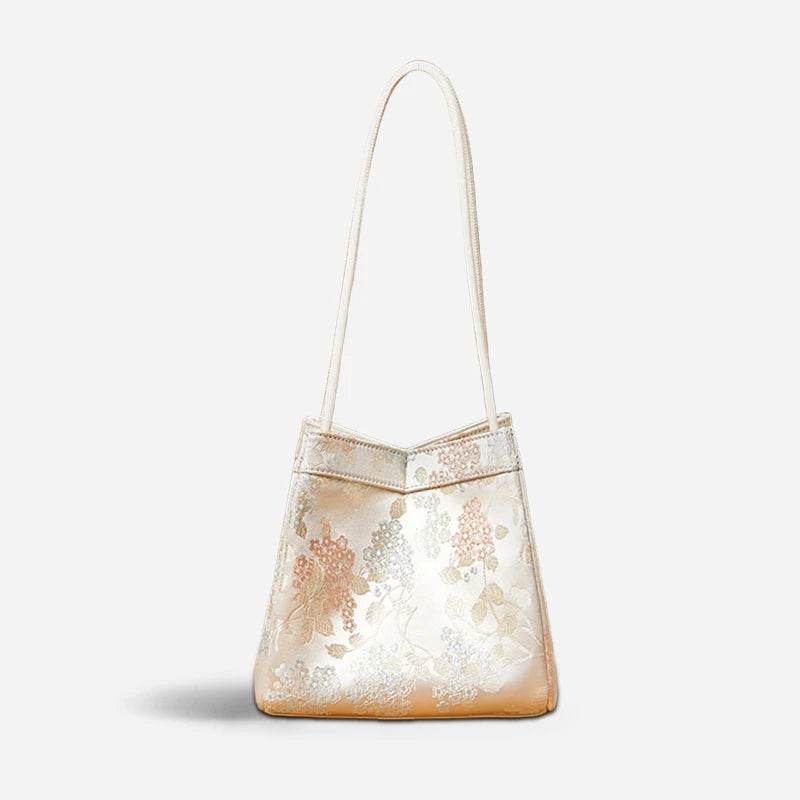 Jacquard Brocade Beige Bucket Handbag Floral New Chinese Style - SinoCultural -- P17062004 -