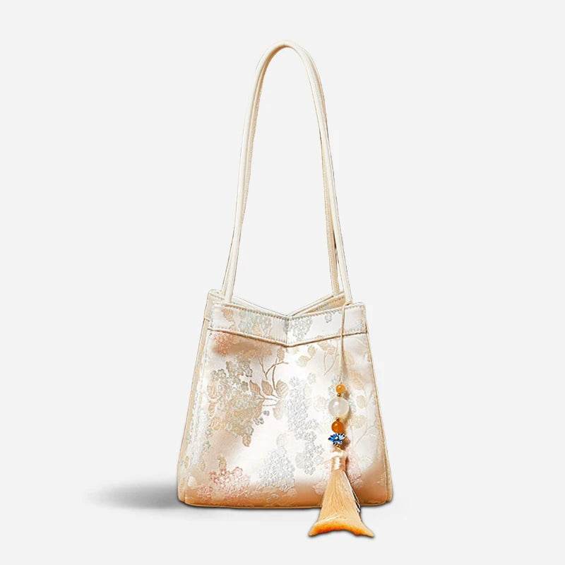 Jacquard Brocade Beige Bucket Handbag Floral New Chinese Style - SinoCultural -- P17062004