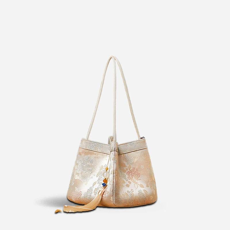 Jacquard Brocade Beige Bucket Handbag Floral New Chinese Style - SinoCultural -- P17062004 -
