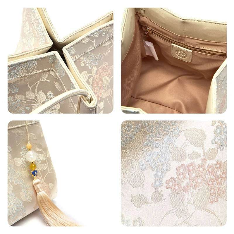 Jacquard Brocade Beige Bucket Handbag Floral New Chinese Style - SinoCultural -- P17062004 -