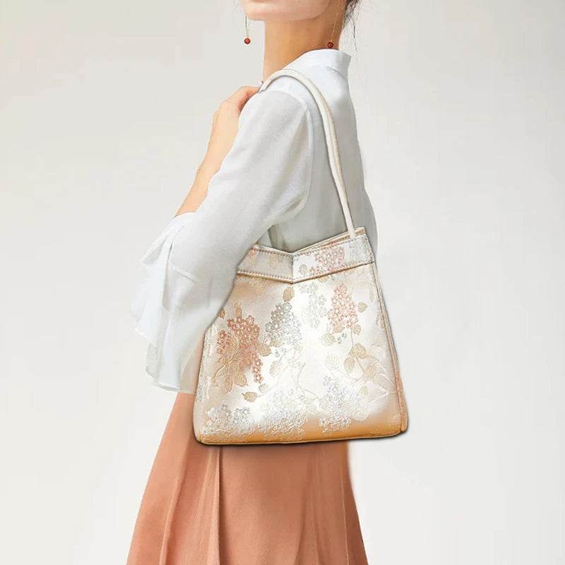 Jacquard Brocade Beige Bucket Handbag Floral New Chinese Style - SinoCultural -- P17062004