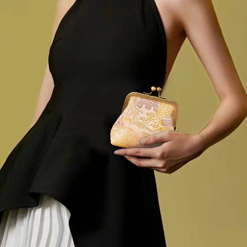 Jacquard Brocade Retro Gold Mini Coin Purse Wallet - SinoCultural -- JD570602Y