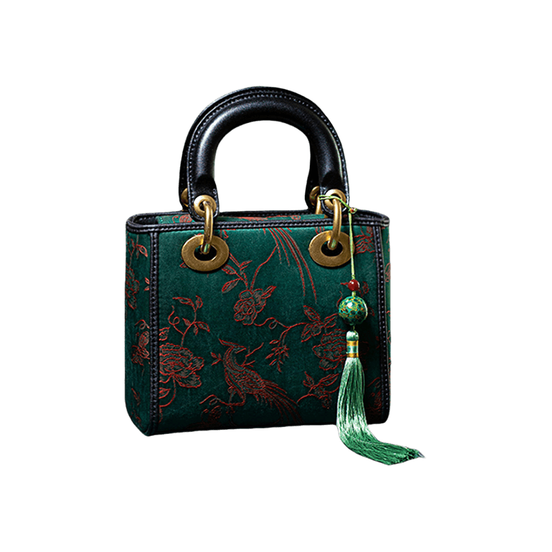 Xiangyunsha Silk Green Retro Cowhide Handbag with Pendant - SinoCultural -- KM-0126-S3
