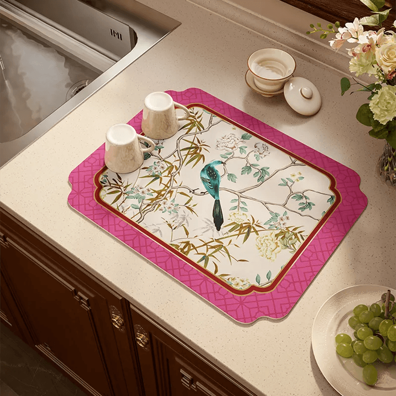 Chinoiserie Retro Pink Floral Bird Kitchen Drain Mat - SinoCultural -- TM065A3040