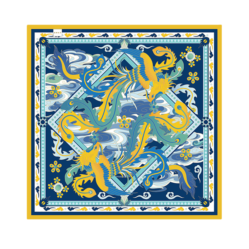 14 Momme Mulberry Silk Square Scarf Phoenix Crown 63x63cm - SinoCultural -- LS045