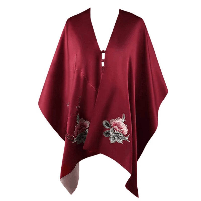Embroidery Luxurious 16 Momme Silk Satin Red Shawl 185x45cm - SinoCultural -- LS061-1