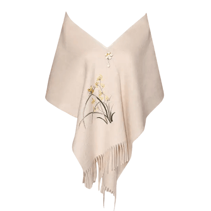 Handcrafted Embroidery Premium 100% Wool Cashmere Scarf Orchid 180x30cm - SinoCultural -- LS064 -