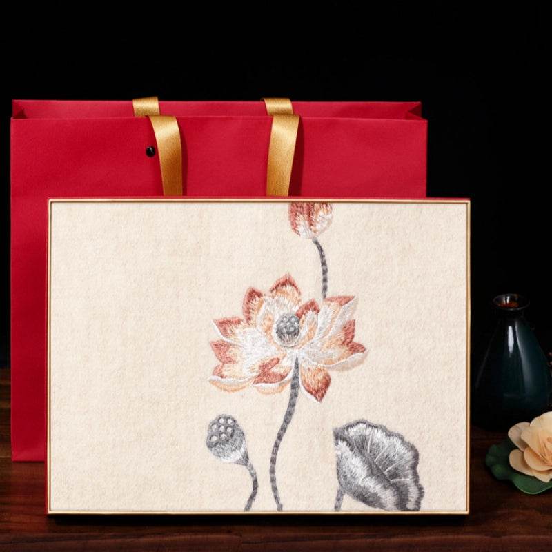 Handcrafted Embroidery Premium 100% Wool Scarf Shawl Lotus 180x30cm - SinoCultural -- LS065