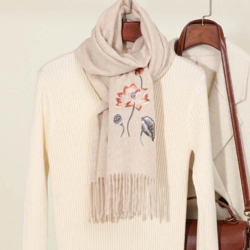 Handcrafted Embroidery Premium 100% Wool Scarf Shawl Lotus 180x30cm - SinoCultural -- LS065