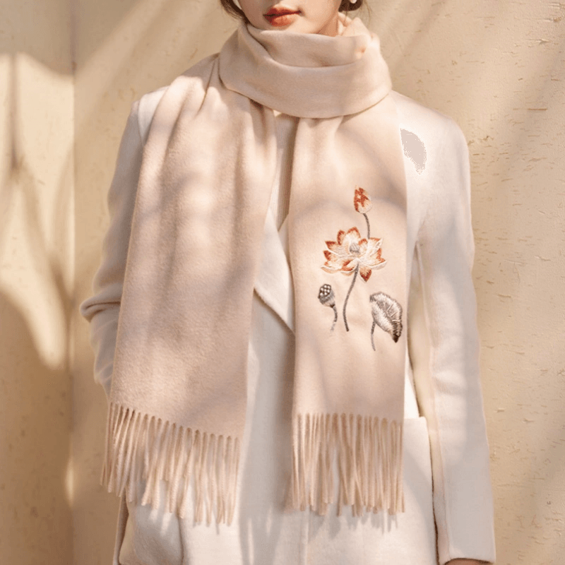 Handcrafted Embroidery Premium 100% Wool Scarf Shawl Lotus 180x30cm - SinoCultural -- LS065