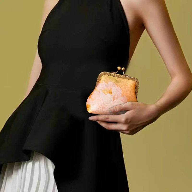 Mulberry Silk Retro Gold Mini Coin Purse Wallet Lotus - SinoCultural -- LD570602G -