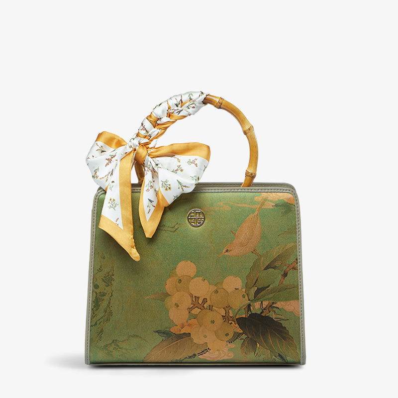 Mulberry Silk Bamboo Handle Green Square Handbag with Scarf - SinoCultural -- P120505-1