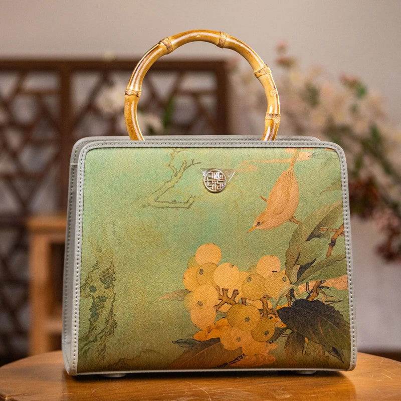 Mulberry Silk Bamboo Handle Green Square Handbag with Scarf - SinoCultural -- P120505-1