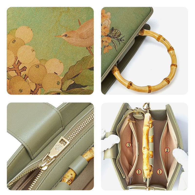 Mulberry Silk Bamboo Handle Green Square Handbag with Scarf - SinoCultural -- P120505-1