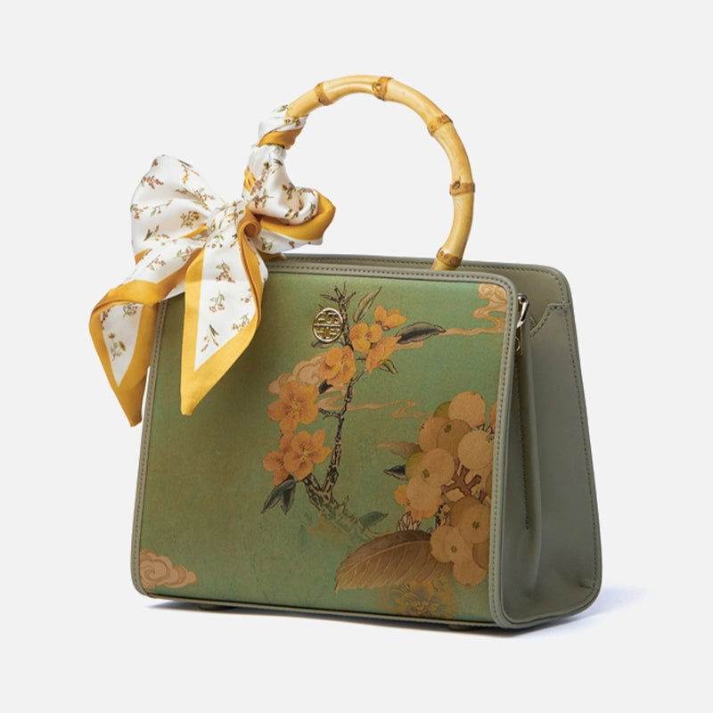 Mulberry Silk Bamboo Handle Green Square Handbag with Scarf - SinoCultural -- P120505-1