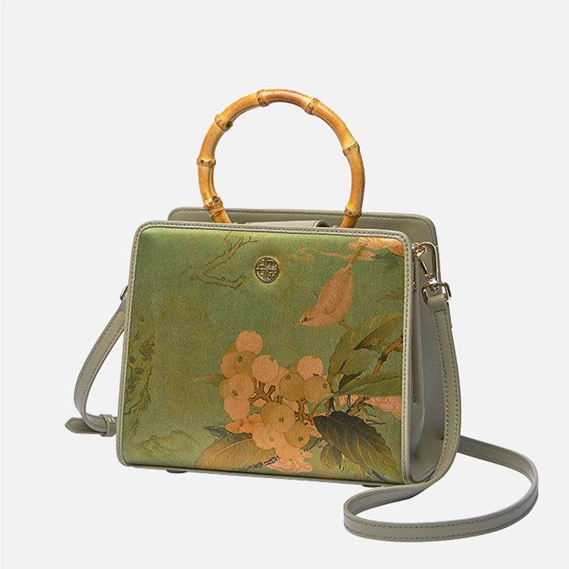 Mulberry Silk Bamboo Handle Green Square Handbag with Scarf - SinoCultural -- P120505-1