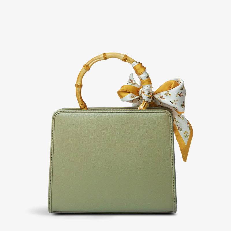 Mulberry Silk Bamboo Handle Green Square Handbag with Scarf - SinoCultural -- P120505-1
