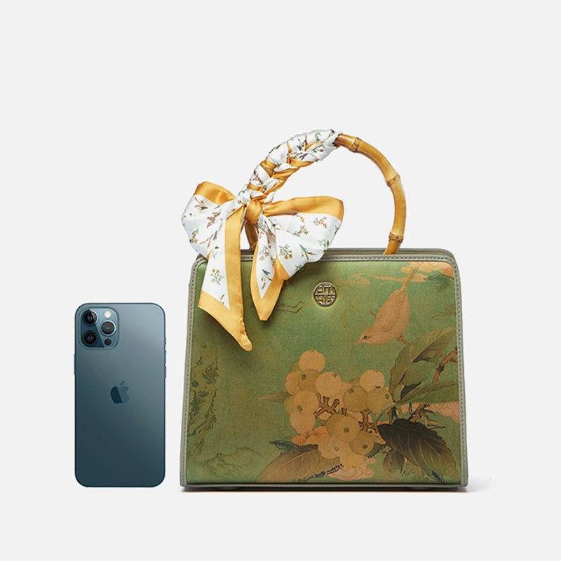 Mulberry Silk Bamboo Handle Green Square Handbag with Scarf - SinoCultural -- P120505-1