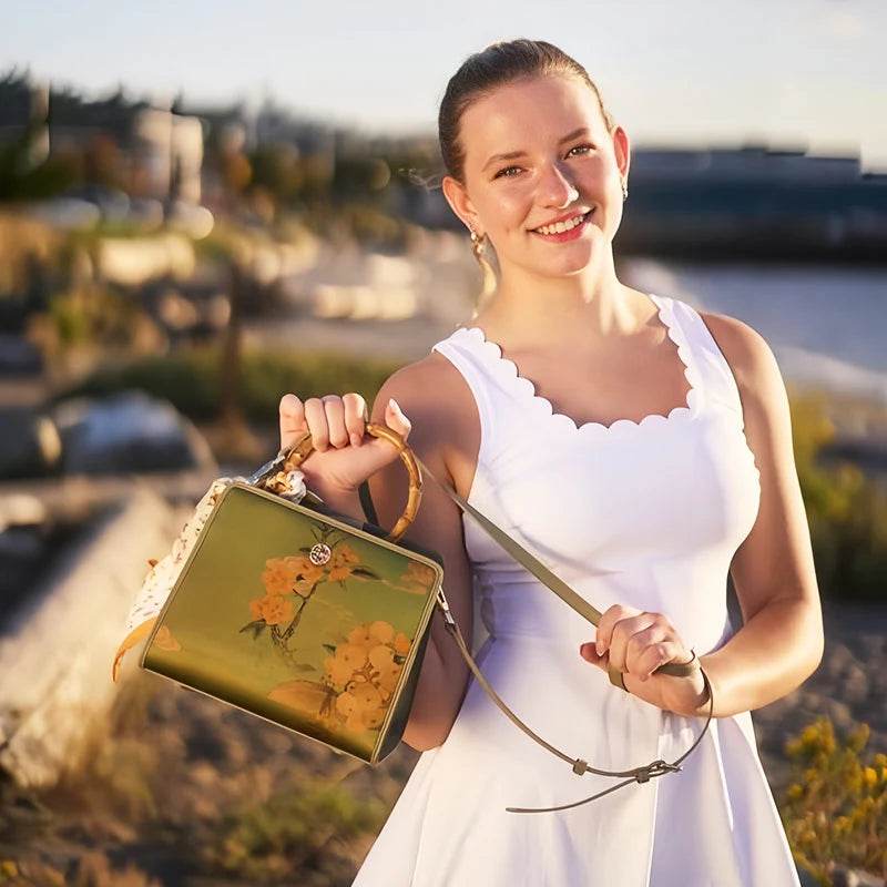 Mulberry Silk Bamboo Handle Green Square Handbag with Scarf - SinoCultural -- P120505-1