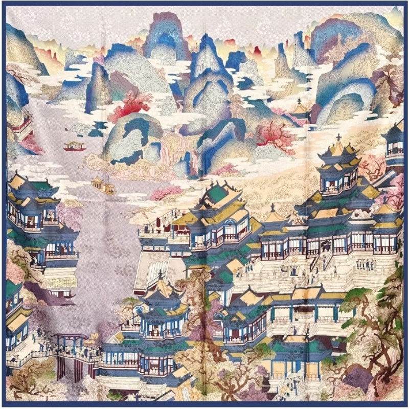 Mulberry Silk 14 Momme Square Scarf Cloud Pavilion 108x108 cm - SinoCultural -- CXFJ014