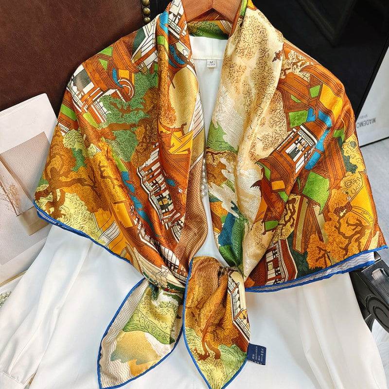Mulberry Silk 14 Momme Square Scarf Cloud Pavilion 108x108 cm - SinoCultural -- CXFJ014