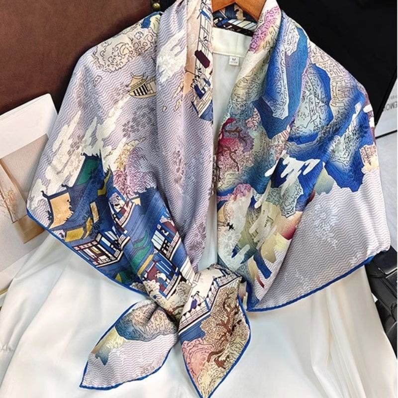 Mulberry Silk 14 Momme Square Scarf Cloud Pavilion 108x108 cm - SinoCultural -- CXFJ014